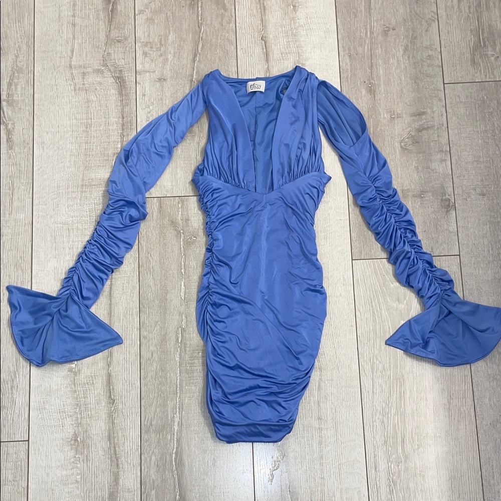 Oh Polly Blue Long Sleeve Ruched Mini Dress Size 0 - Picture 4 of 7